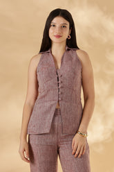 100% Handwoven Linen Salmon Red collared Waist Coat